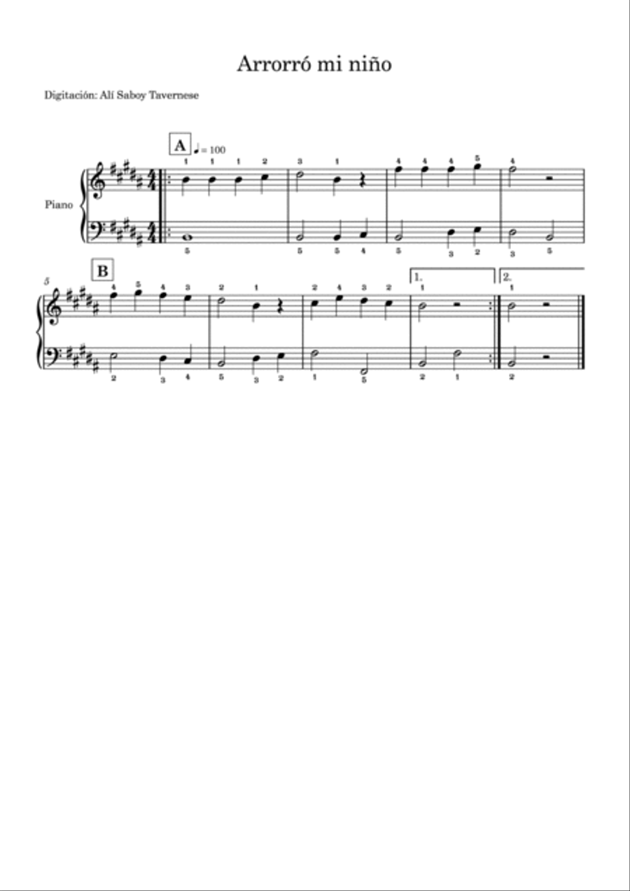 Hush-a-bye my baby (Arrorró mi niño) Easy Piano scores gallery preview page 2