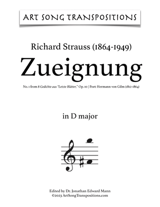 Book cover for STRAUSS: Zueignung, Op. 10 no. 1 (transposed to 8 keys: D, D-flat, C, B, B-flat, A, A-flat, G major)