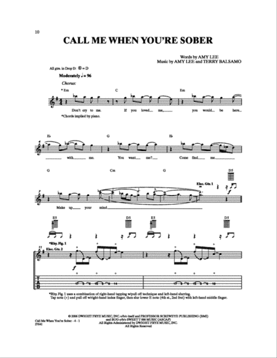 Call Me When You're Sober Electric Guitar scores gallery preview page 1