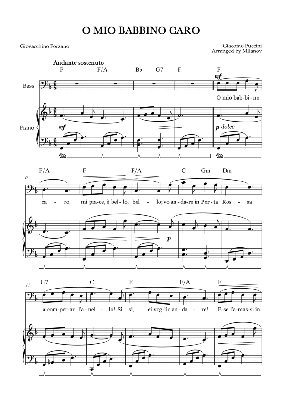 O Mio Babbino Caro | Male Voice Bass | FMajor | Piano accompaniment | Pedal | Chords Bass Voice scores gallery preview page 1