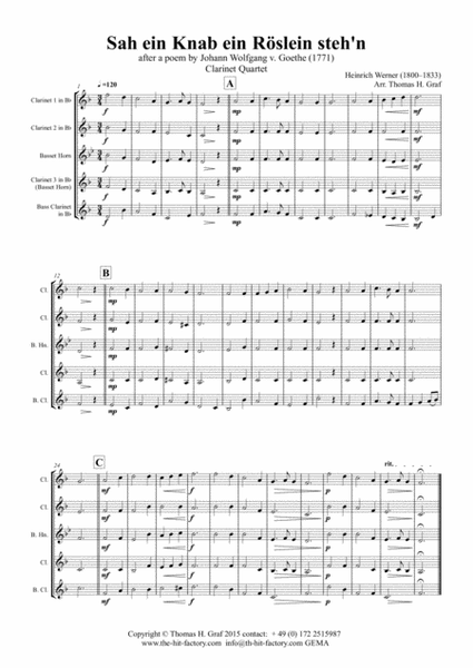 Sah ein Knab ein Roeslein stehn - German Folk Song - Clarinet Quartet image number null