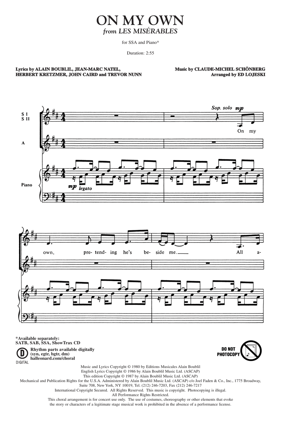 On My Own (from Les Miserables) (arr. Ed Lojeski) SSA scores gallery preview page 1