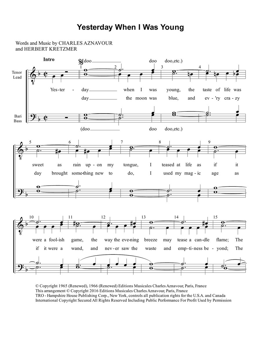 Yesterday, When I Was Young (hier Encore) TTBB scores gallery preview page 1