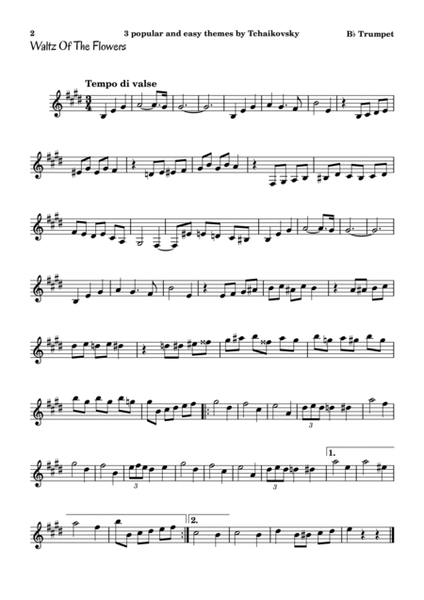 3 popular and easy themes by Tchaikovsky with accompaniment and chord symbols for B♭ Trumpet image number null