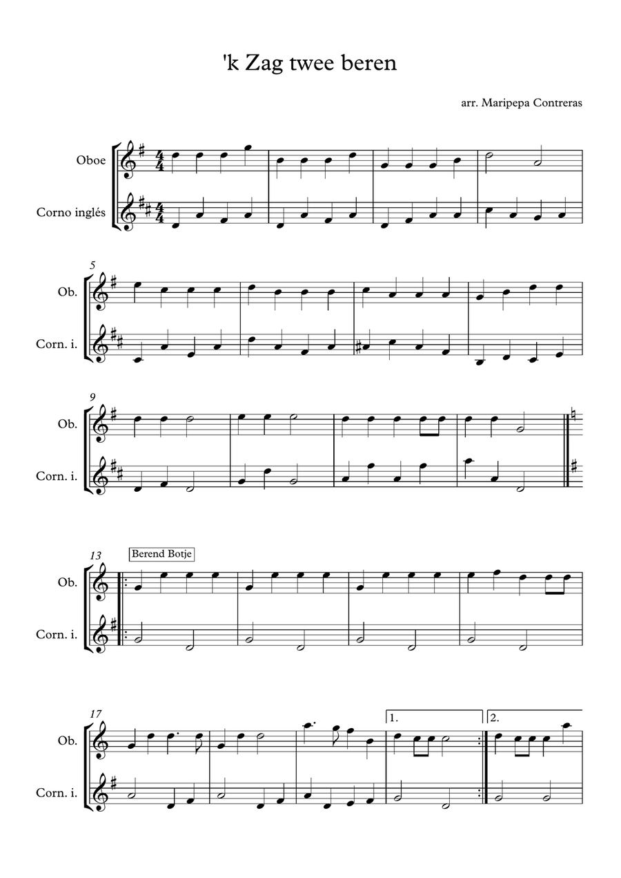 Nederlandse liedjes: 'k Zag twee beren, Berend Botje, Op een grote paddestoel Woodwind Ensemble scores gallery preview page 1