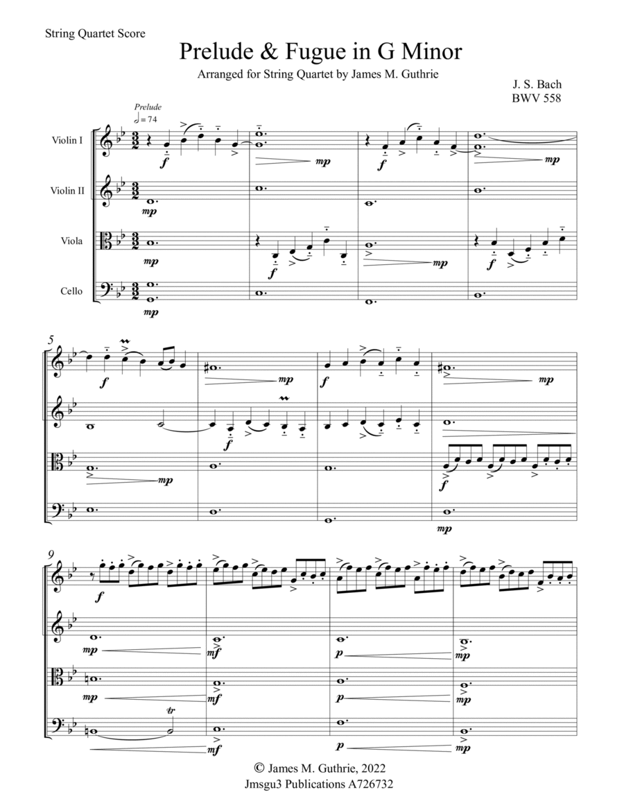 Bach: Prelude & Fugue in G Minor BWV 558 for String Quartet String Quartet scores gallery preview page 1