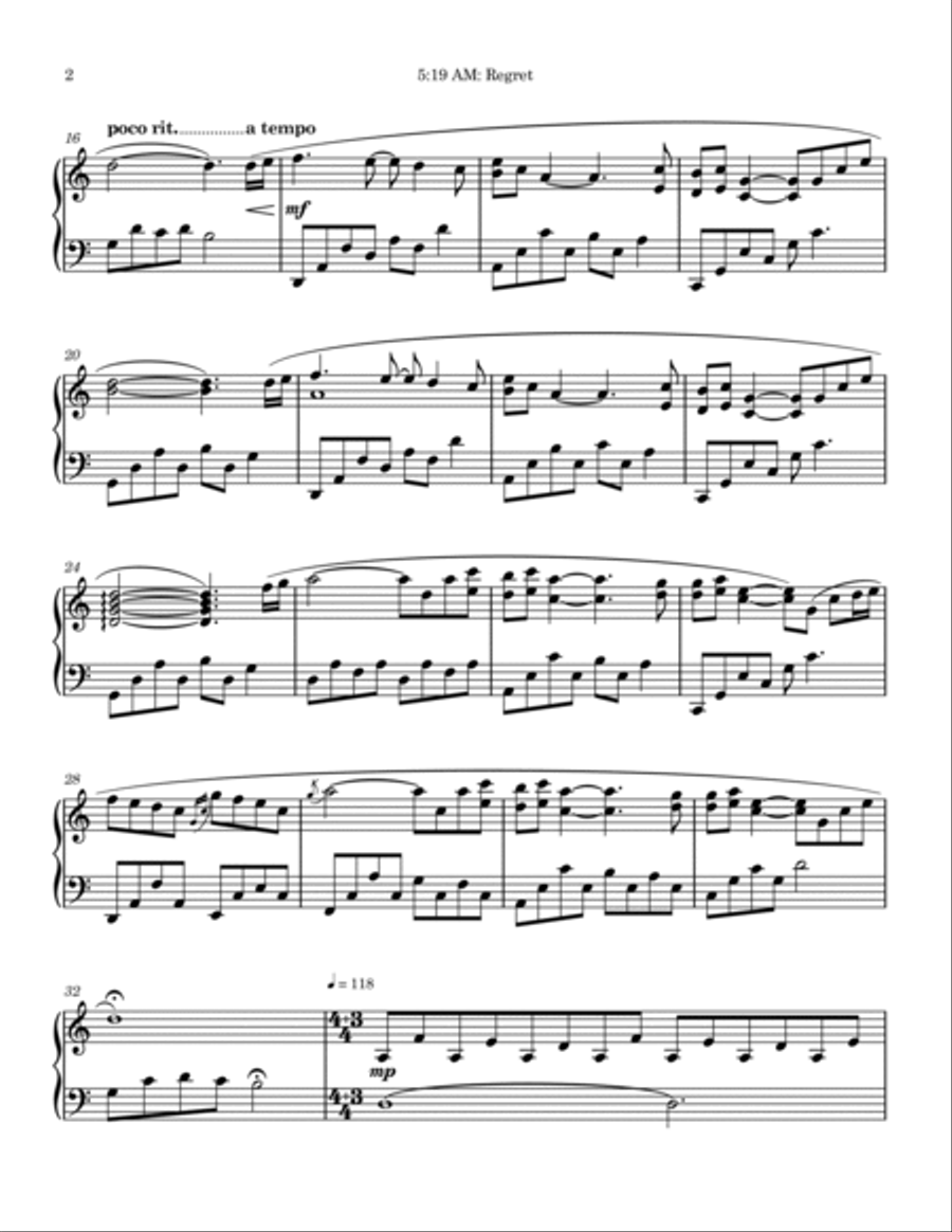 5:19 AM: Regret Piano Solo scores gallery preview page 2