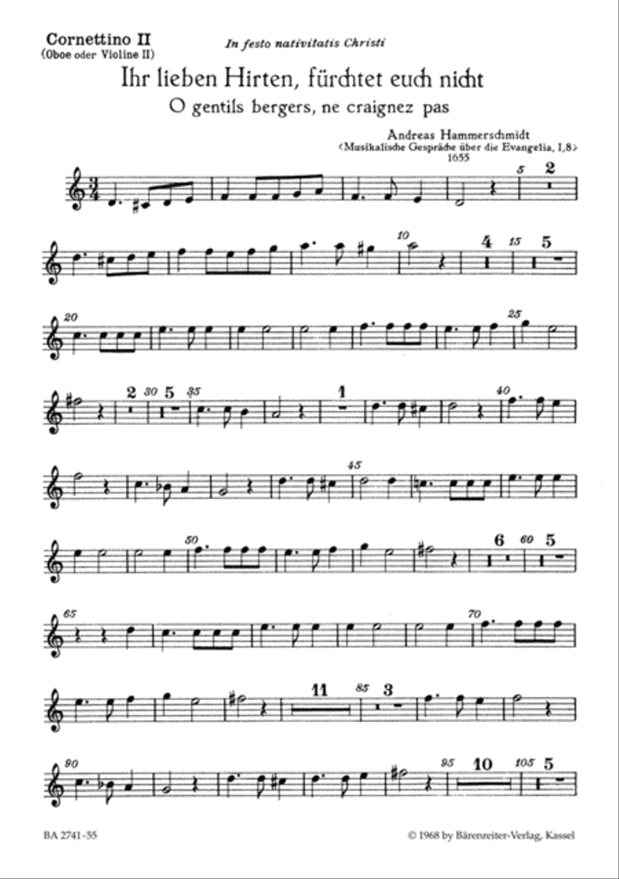 Ihr lieben Hirten, fürchtet euch nicht - O gentils bergers, ne craignez paz für 4 gemischte Stimmen, zwei Oboen (oder Violinen) und Generalbaß Oboe scores gallery preview page 1