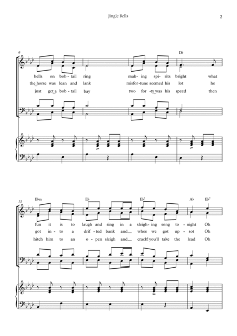 Jingle Bells (Ab major - SATB - with chords - with piano -two staff) 4-Part scores gallery preview page 2