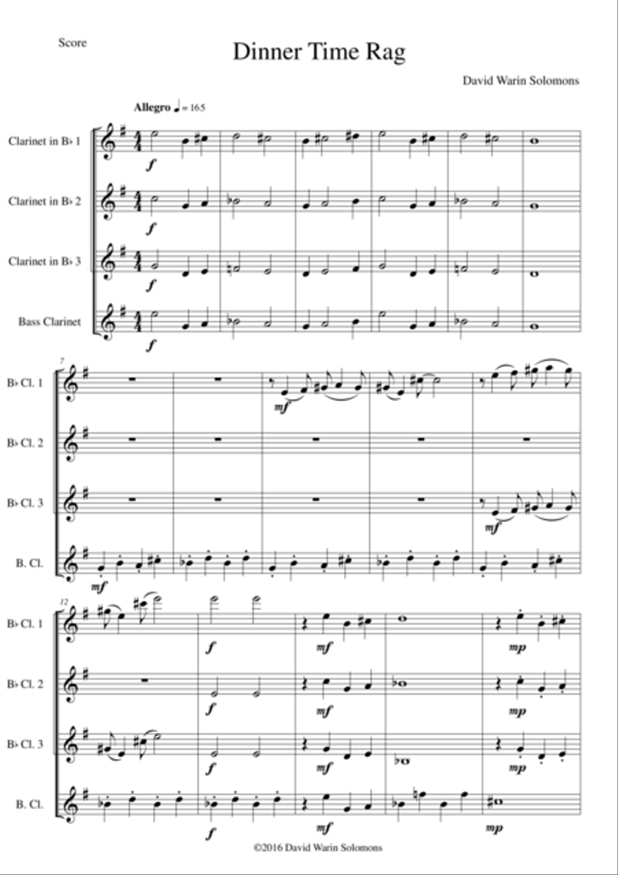 Dinner Time Rag for clarinet quartet (3 B-flat clarinets, 1 bass clarinet) Clarinet Quartet scores gallery preview page 1