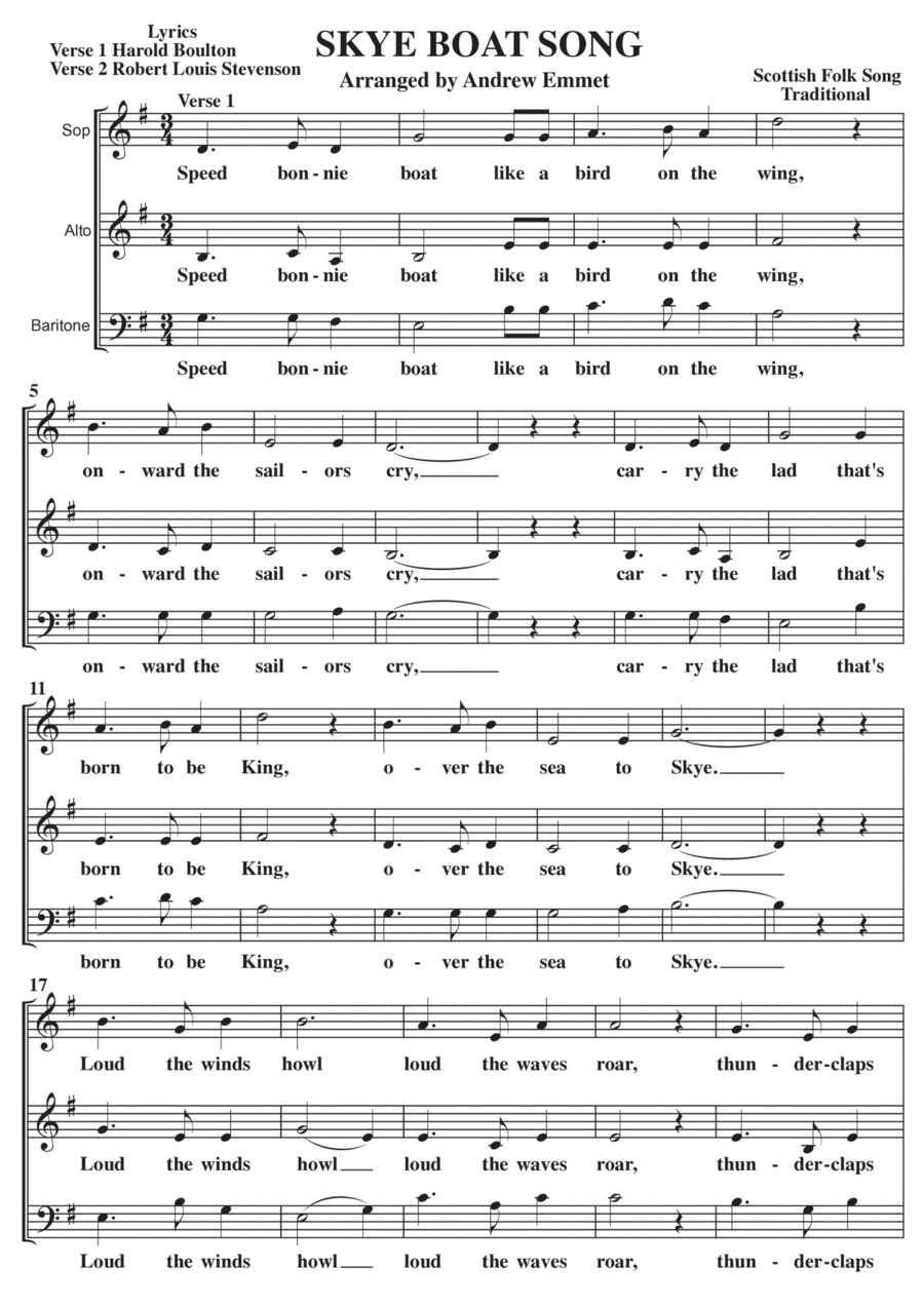 Skye Boat Song A Cappella SAB 3-Part scores gallery preview page 1