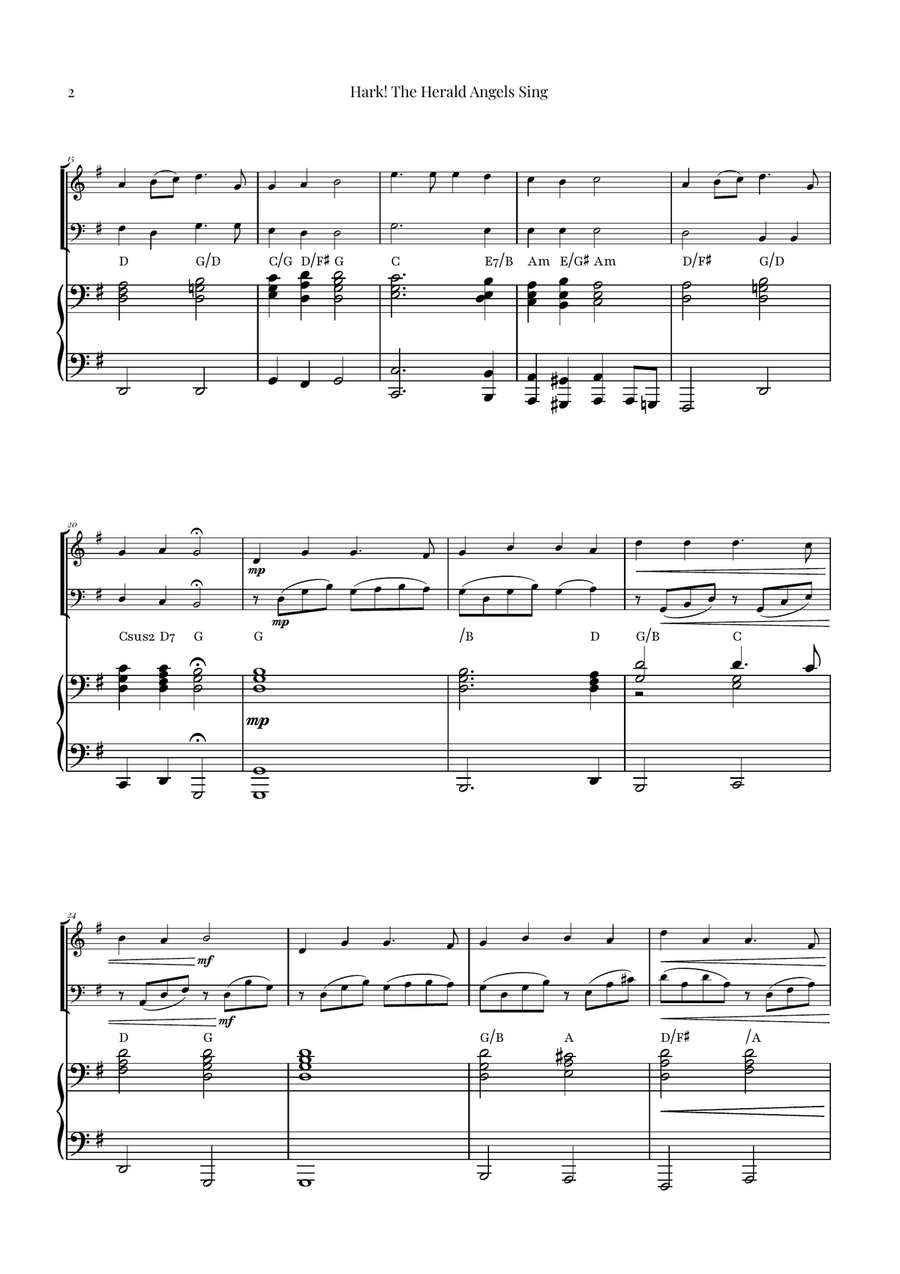 Hark! The Herald Angels Sing Duet Arrangement | Christmas Carol Sheet Music Piano Trio scores gallery preview page 2