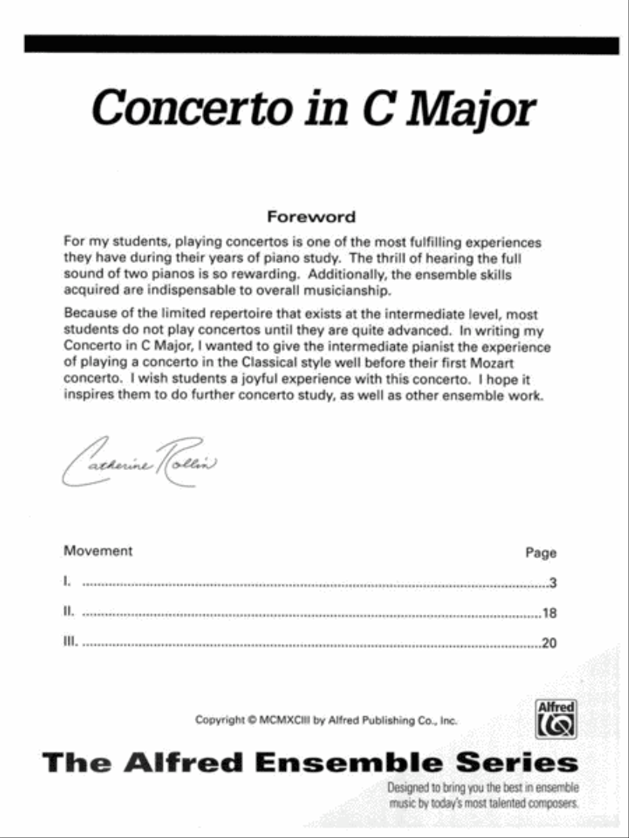 Concerto in C Major: In Three Movements for Solo Piano with Piano Accompaniment - Piano Duo (2 Pianos, 4 Hands) School and Community scores gallery preview page 1