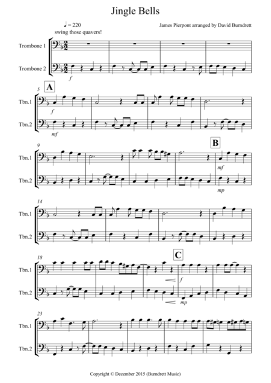 Jingle Bells (Jazzy Style!) for Trombone Duet Trombone Duet scores gallery preview page 1