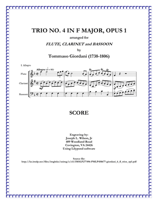 Book cover for Giordani Trio in F Major, Op. 1, No. 4, arranged for Flute, Clarinet and Bassoon