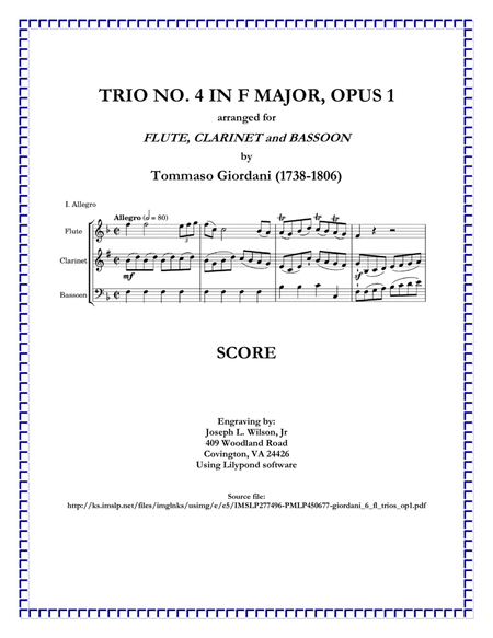 Giordani Trio in F Major, Op. 1, No. 4, arranged for Flute, Clarinet and Bassoon image number null