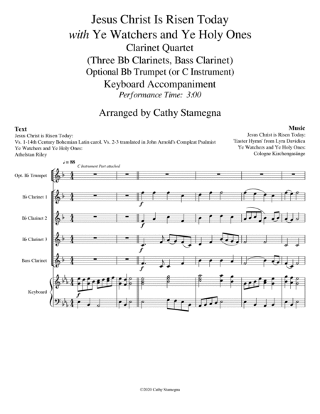Jesus Christ is Risen Today with Ye Watchers and Ye Holy Ones - Clarinet Quartet w/ Opt. Desc., Acc. image number null