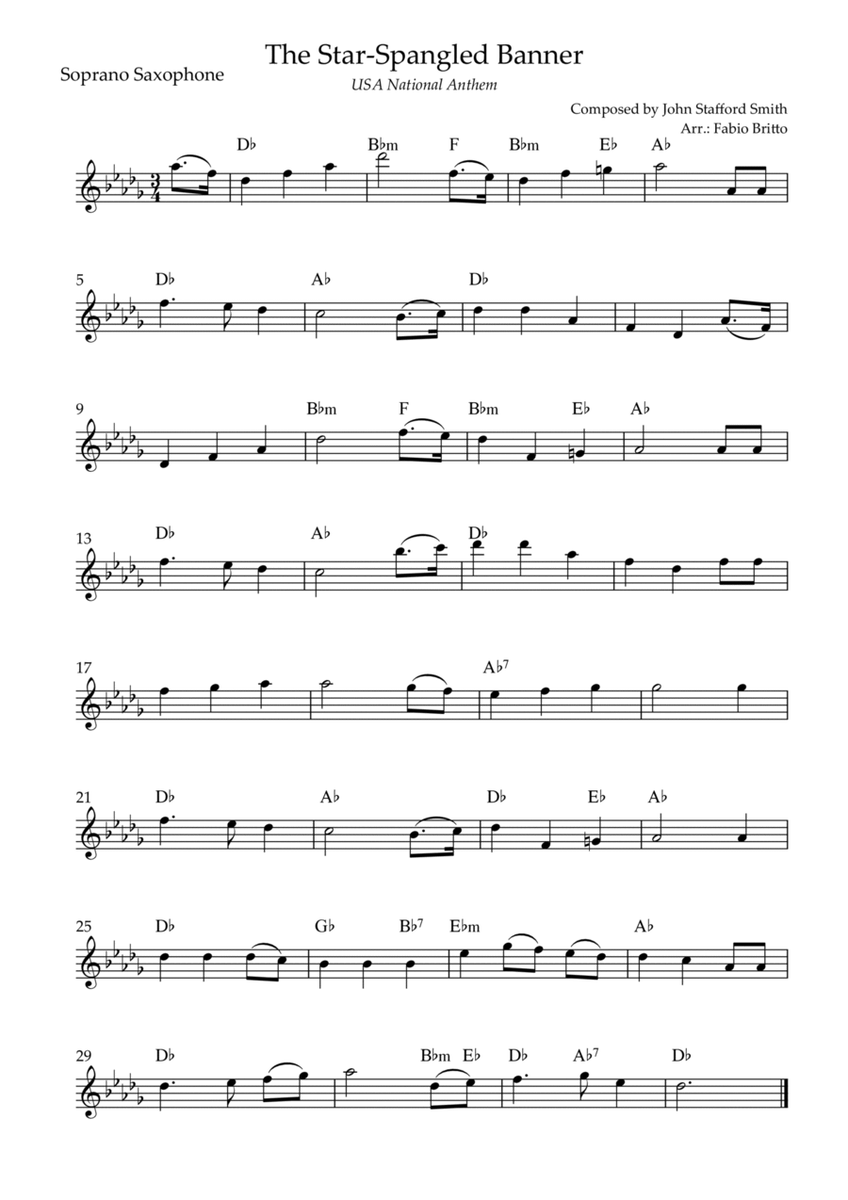 The Star Spangled Banner (USA National Anthem) for Soprano Saxophone Solo with Chords (B Major)
