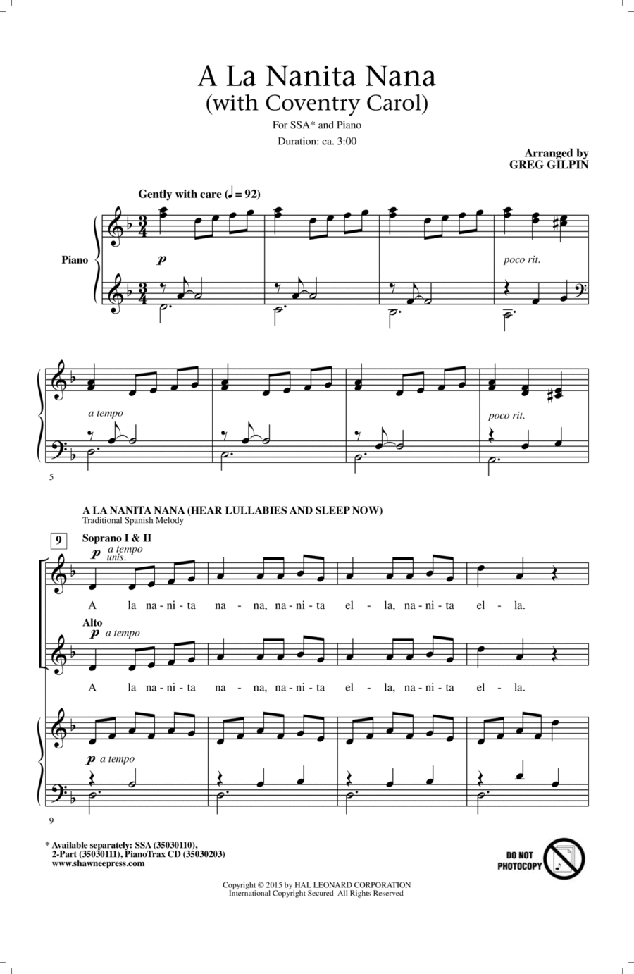 A La Nanita Nana (Hear Lullabies And Sleep Now) SSA scores gallery preview page 1