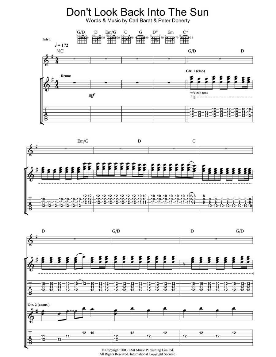 Don't Look Back Into The Sun Guitar Tablature scores gallery preview page 1