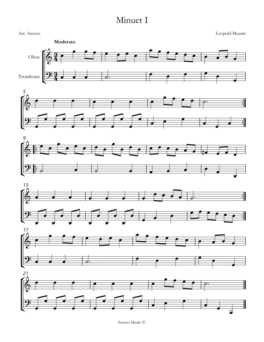 leopold mozart notebook for wolfgang minuet I Oboe and Trombone sheet music Trombone Duet scores gallery preview page 1