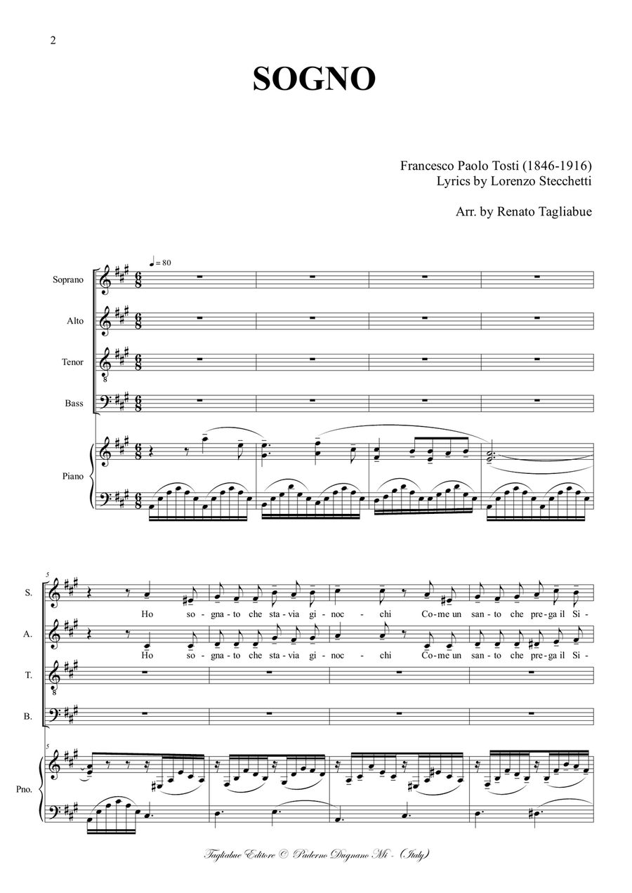 SOGNO - F.P. Tosti - Arr. for SATB Choir and Piano 4-Part scores gallery preview page 2