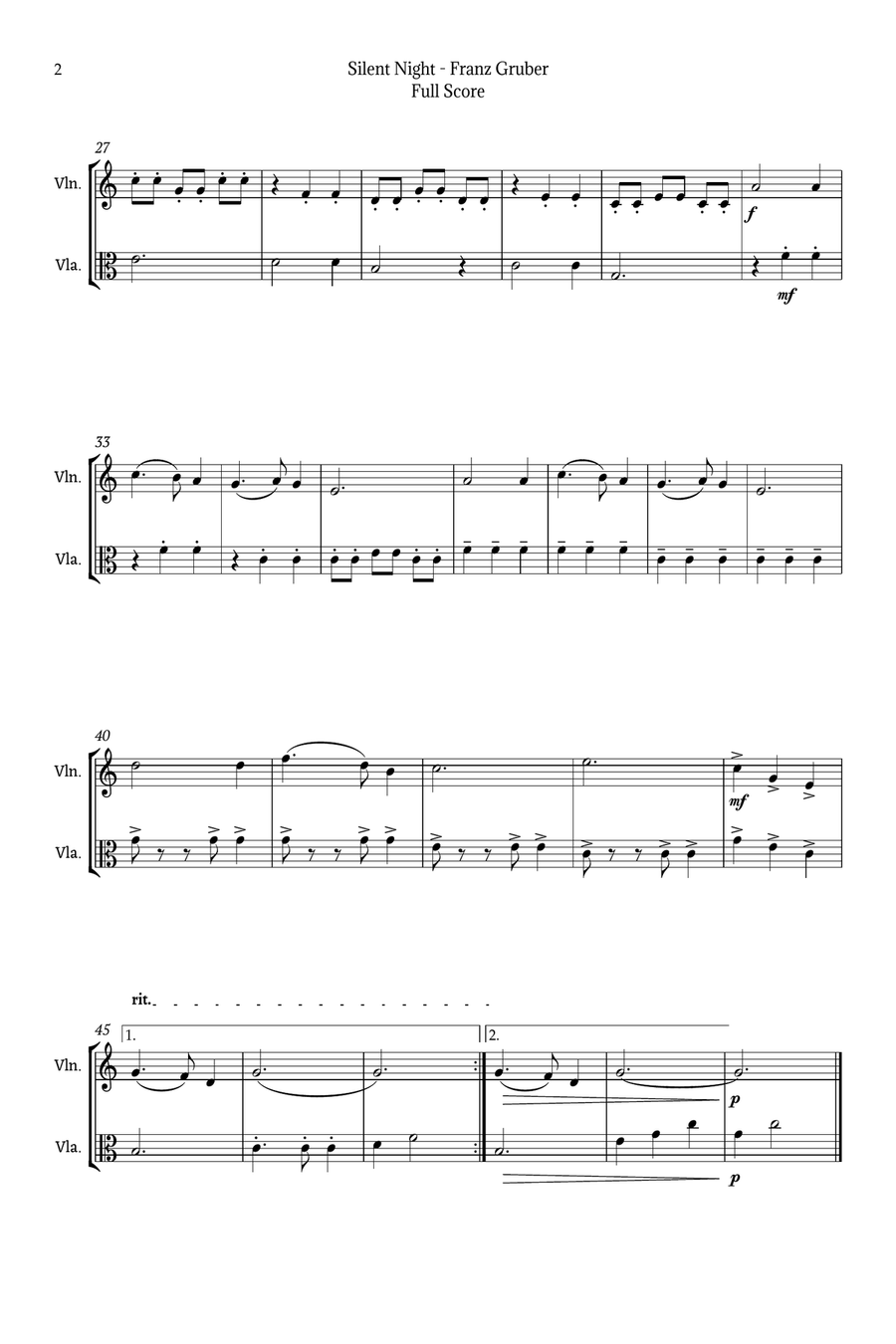 Silent Night for Violin and Viola Duet String Duet scores gallery preview page 2
