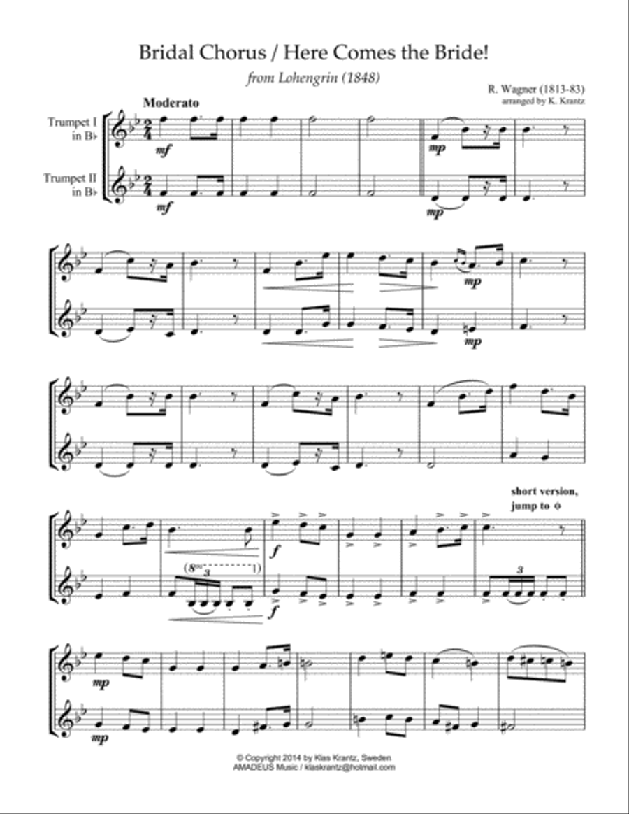 Bridal Chorus / Here Comes the Bride! for trumpet in Bb duo Trumpet Duet scores gallery preview page 2