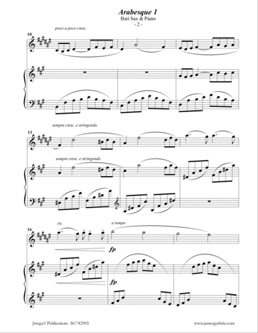 Debussy: Two Arabesques for Baritone Sax & Piano Baritone Saxophone scores gallery preview page 2