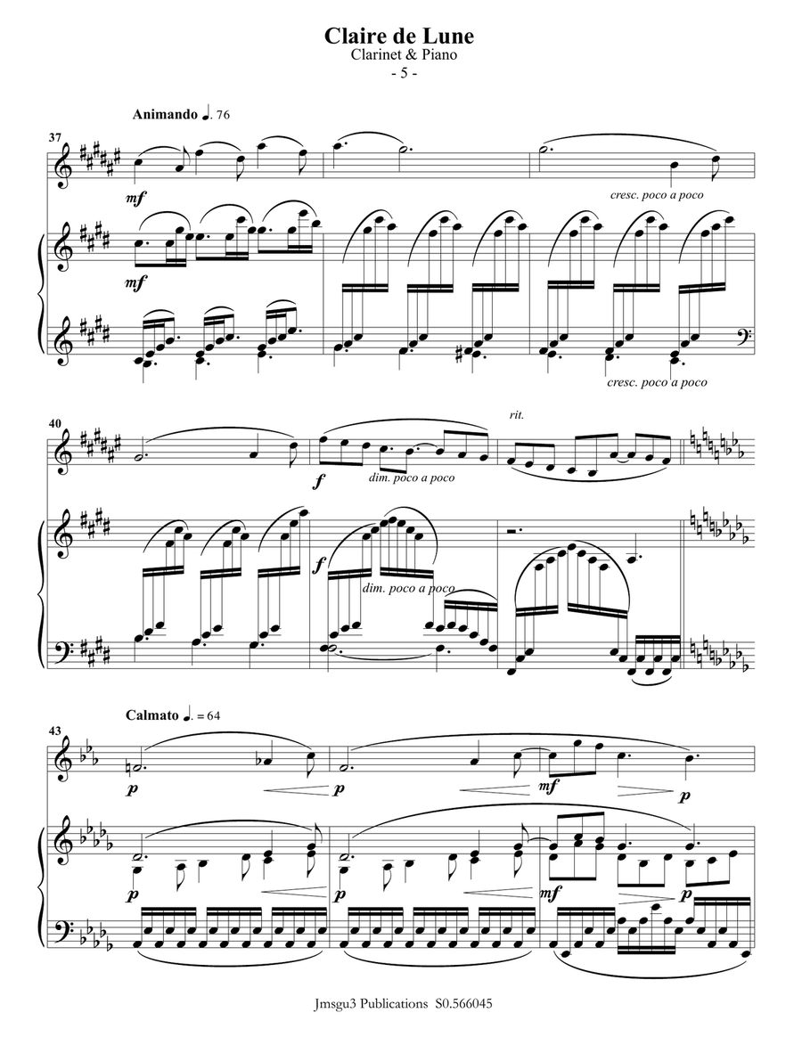 Debussy: Clair de Lune for Clarinet & Piano B-Flat Clarinet scores gallery preview page 5
