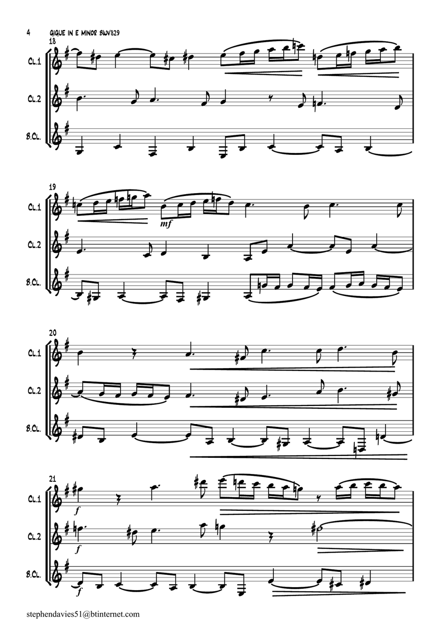 Gigue in E Minor by J.S.Bach BWV829a, for Clarinet Trio. Clarinet Trio scores gallery preview page 4