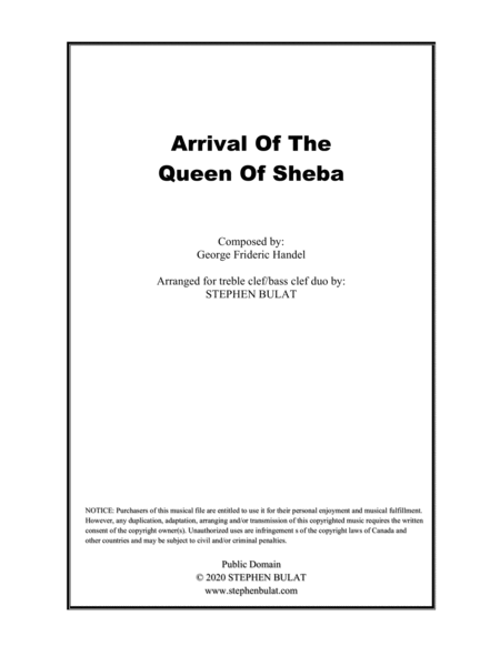 Arrival Of The Queen Of Sheba (Handel) - violin/cello duo or other treble clef/bass clef instruments