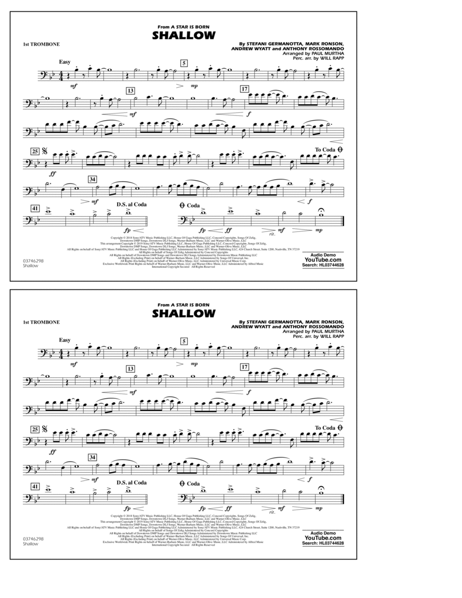 Shallow (from A Star Is Born) (arr. Paul Murtha) - 1st Trombone