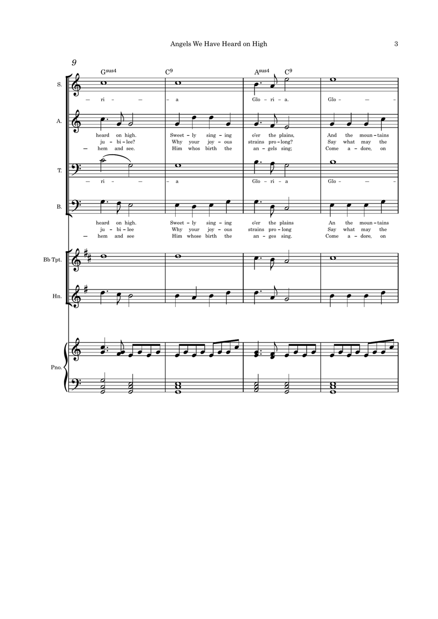 Angels We Have Heard on High SATB, French Horn, Trumpet and Piano 4-Part scores gallery preview page 3
