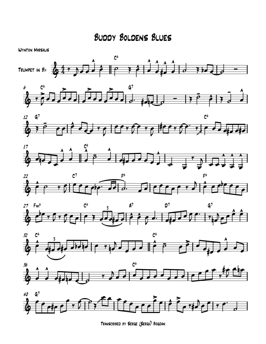 Buddy Bolden's Blues Trumpet Solo Transcription (Wynton-Marsalis-Solo-Bb-Instr) PDF B-Flat Trumpet scores gallery preview page 1