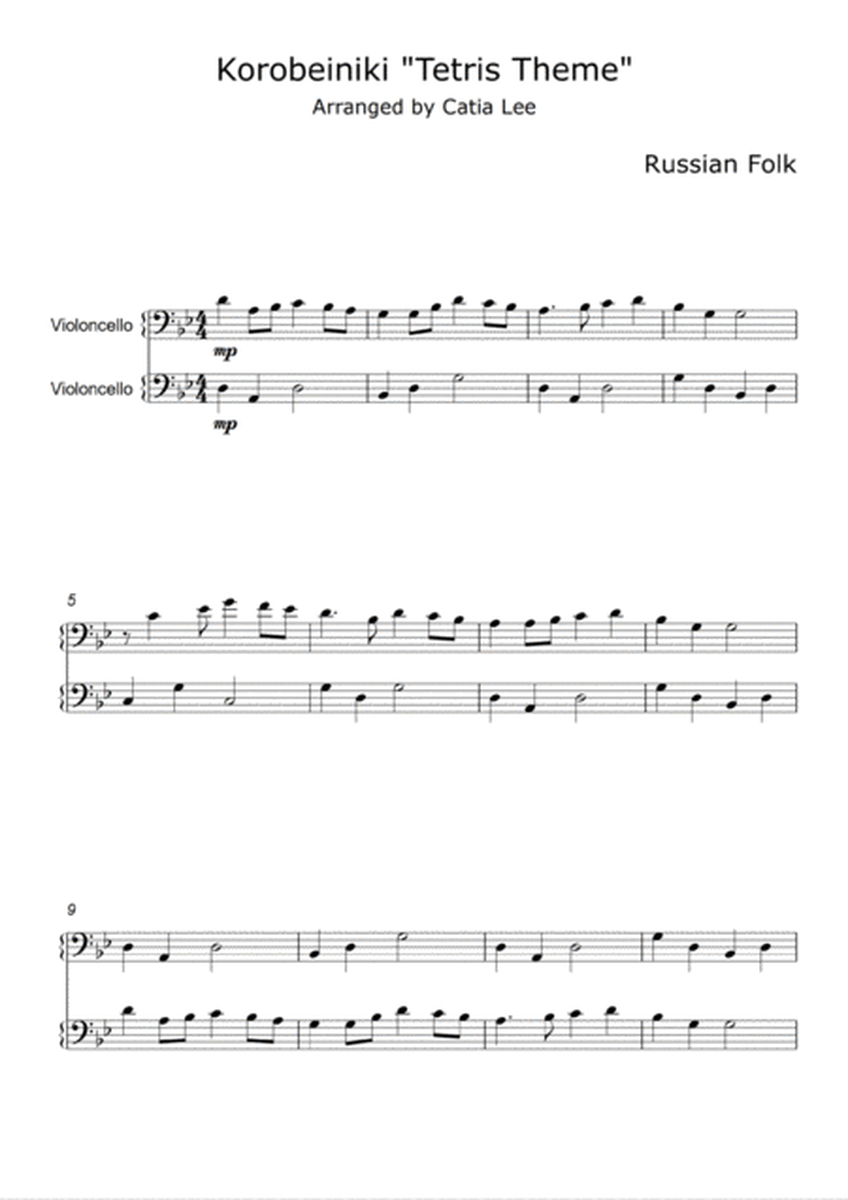 Korobeiniki Tetris theme for Cello Duet - Bb major image number null