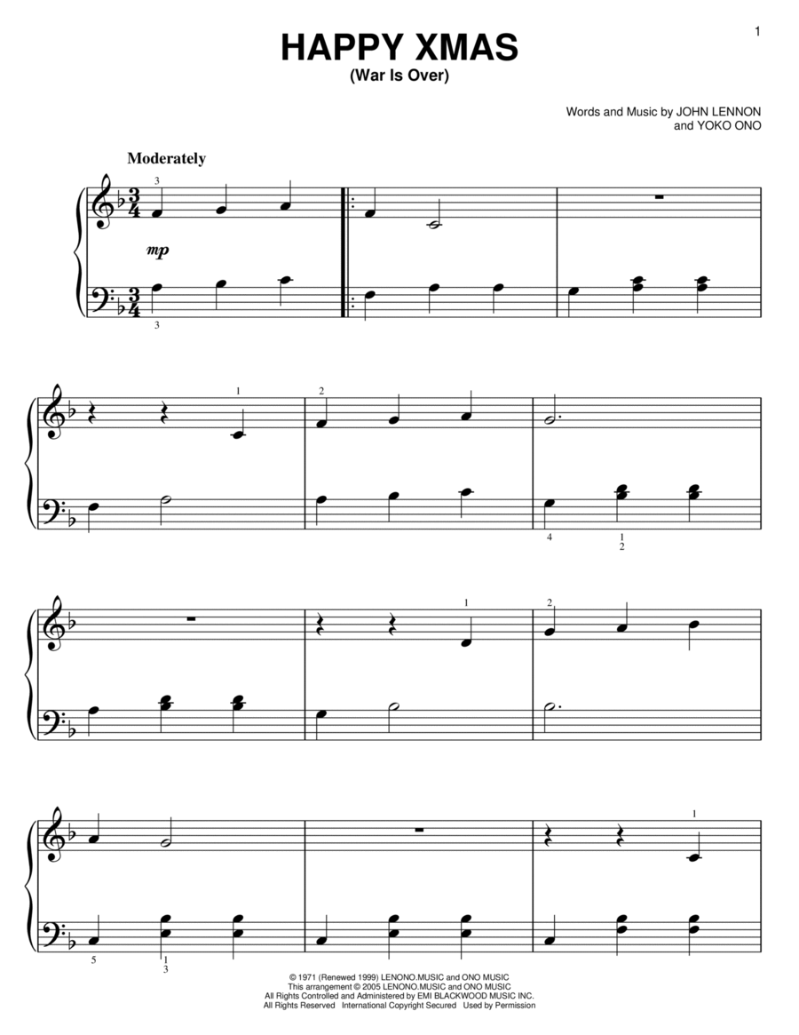 Happy Xmas (War Is Over) Easy Piano scores gallery preview page 1
