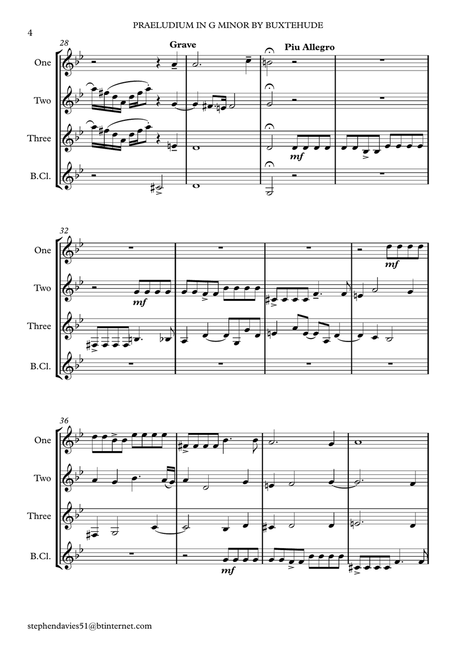 Praeludium & Fugue in G Minor by Dietrich Buxtehude (Buxwv148) for Clarinet Quartet. Clarinet Quartet scores gallery preview page 4