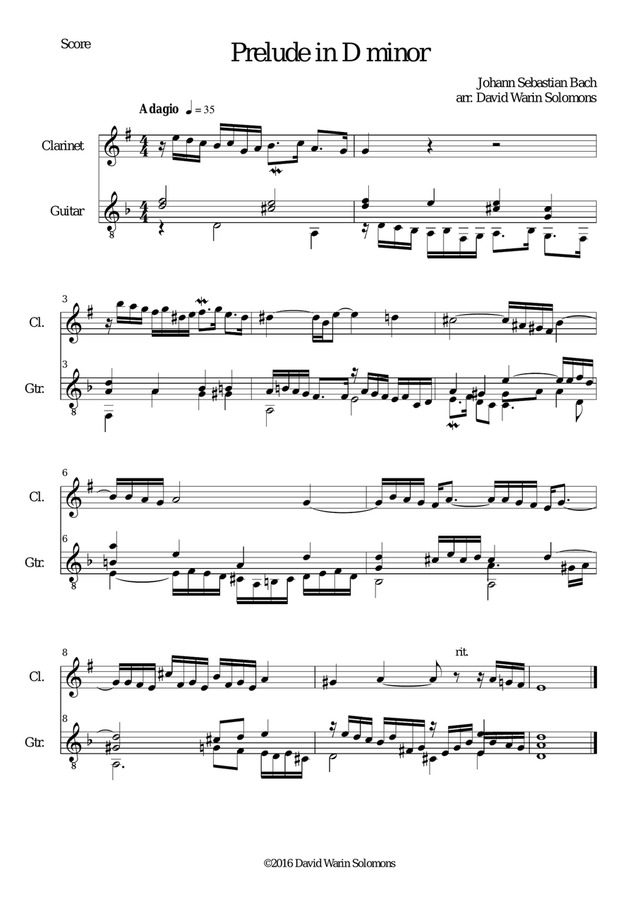 Prelude in D minor for clarinet and guitar Clarinet scores gallery preview page 1