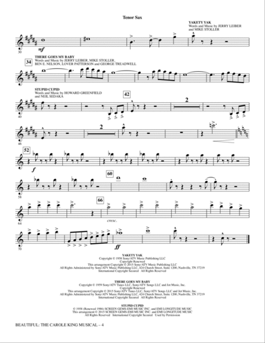 Beautiful: The Carole King Musical (Choral Selections) - Tenor Sax Choir scores gallery preview page 4