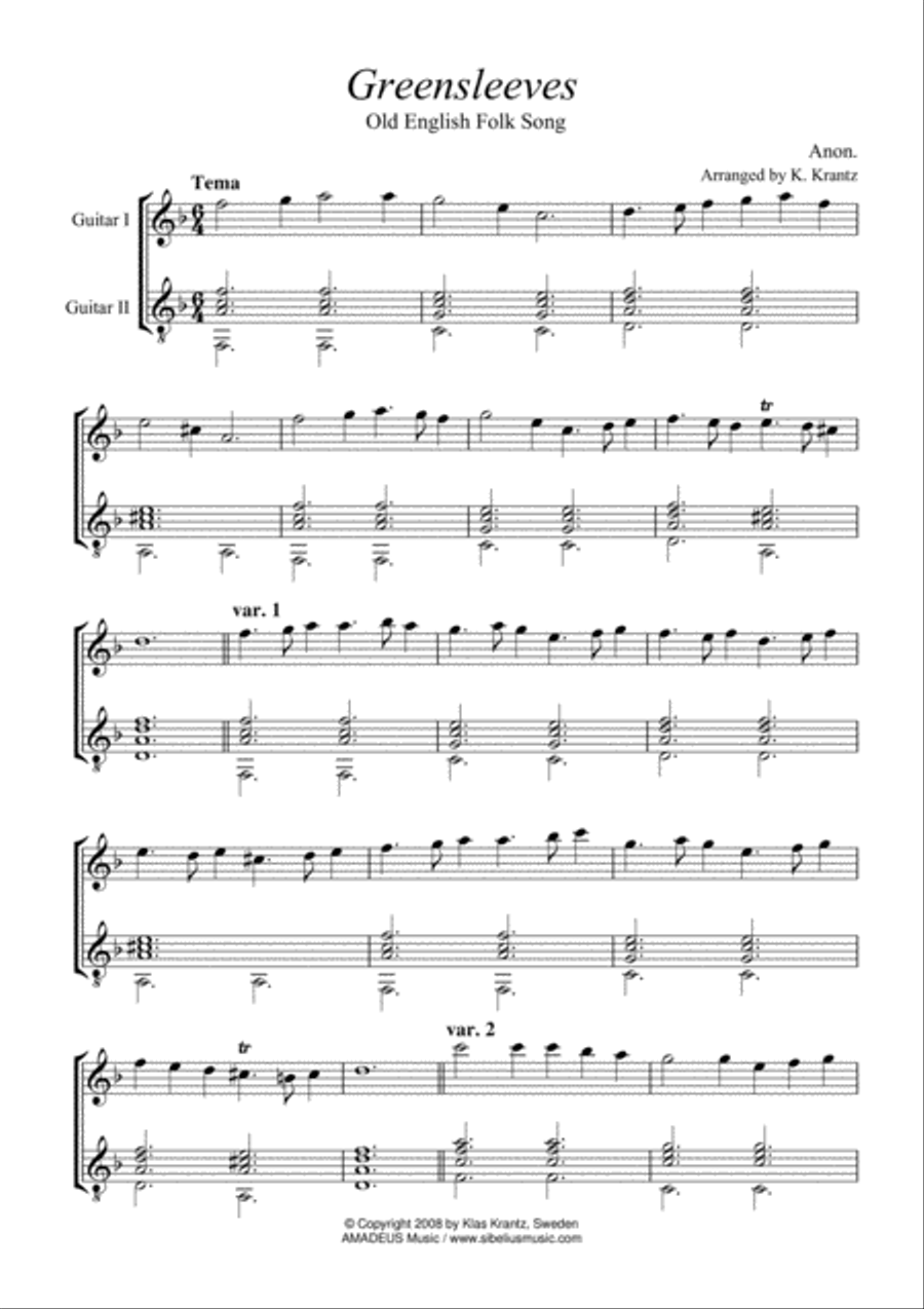 Greensleeves variations for guitar duo Acoustic Guitar scores gallery preview page 2