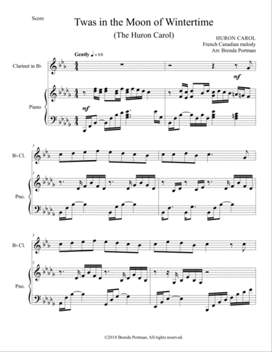 Twas in the Moon of Wintertime/The Huron Carol (Bb clarinet/piano), arr. Brenda Portman B-Flat Clarinet scores gallery preview page 1