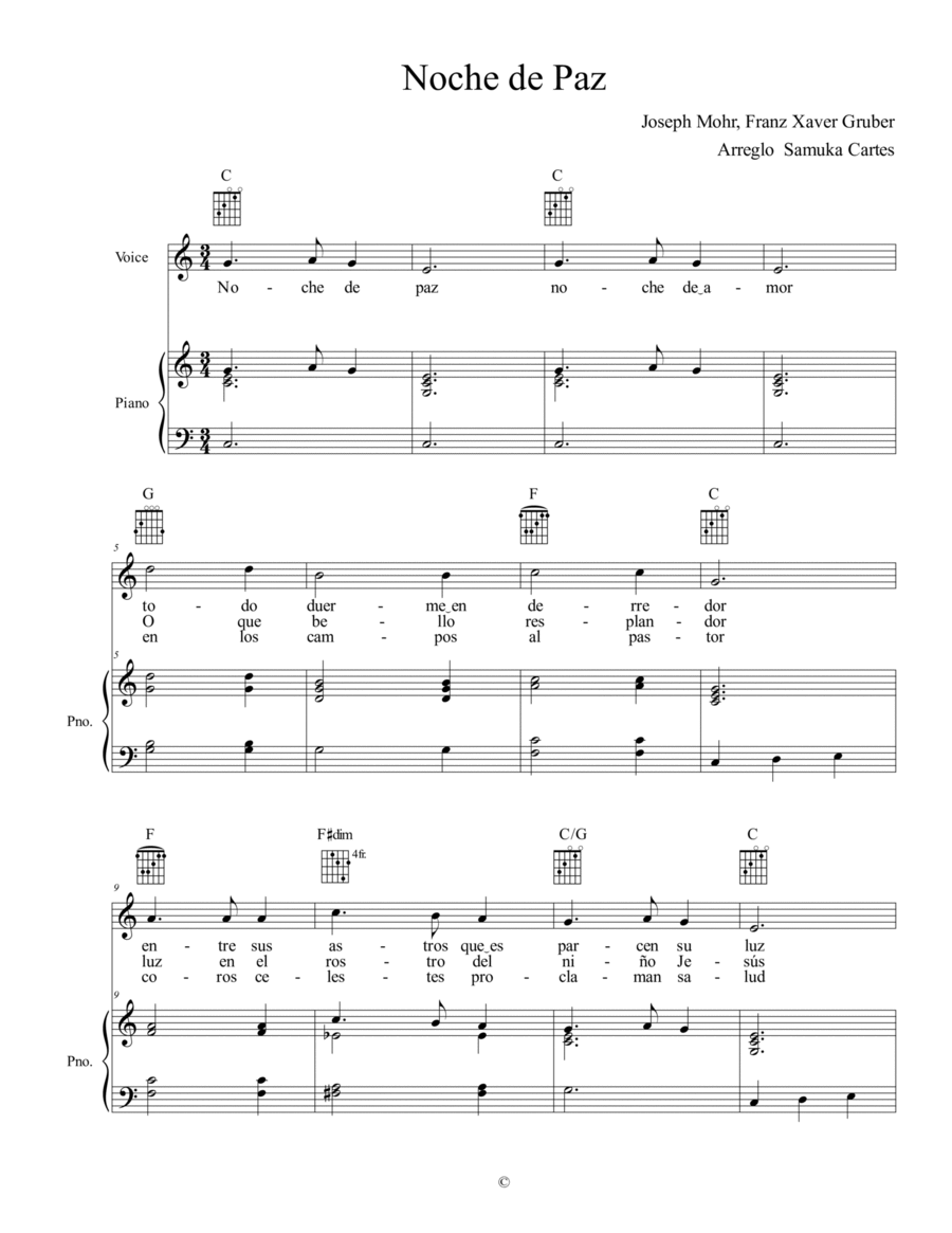 Noche de Paz Piano, Vocal, Guitar scores gallery preview page 1
