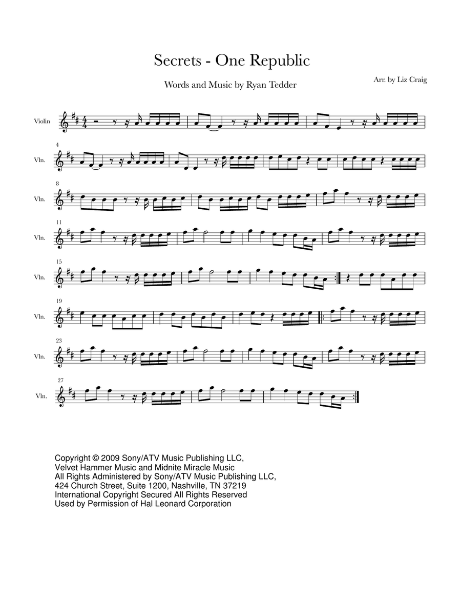 Secrets Violin Solo scores gallery preview page 1