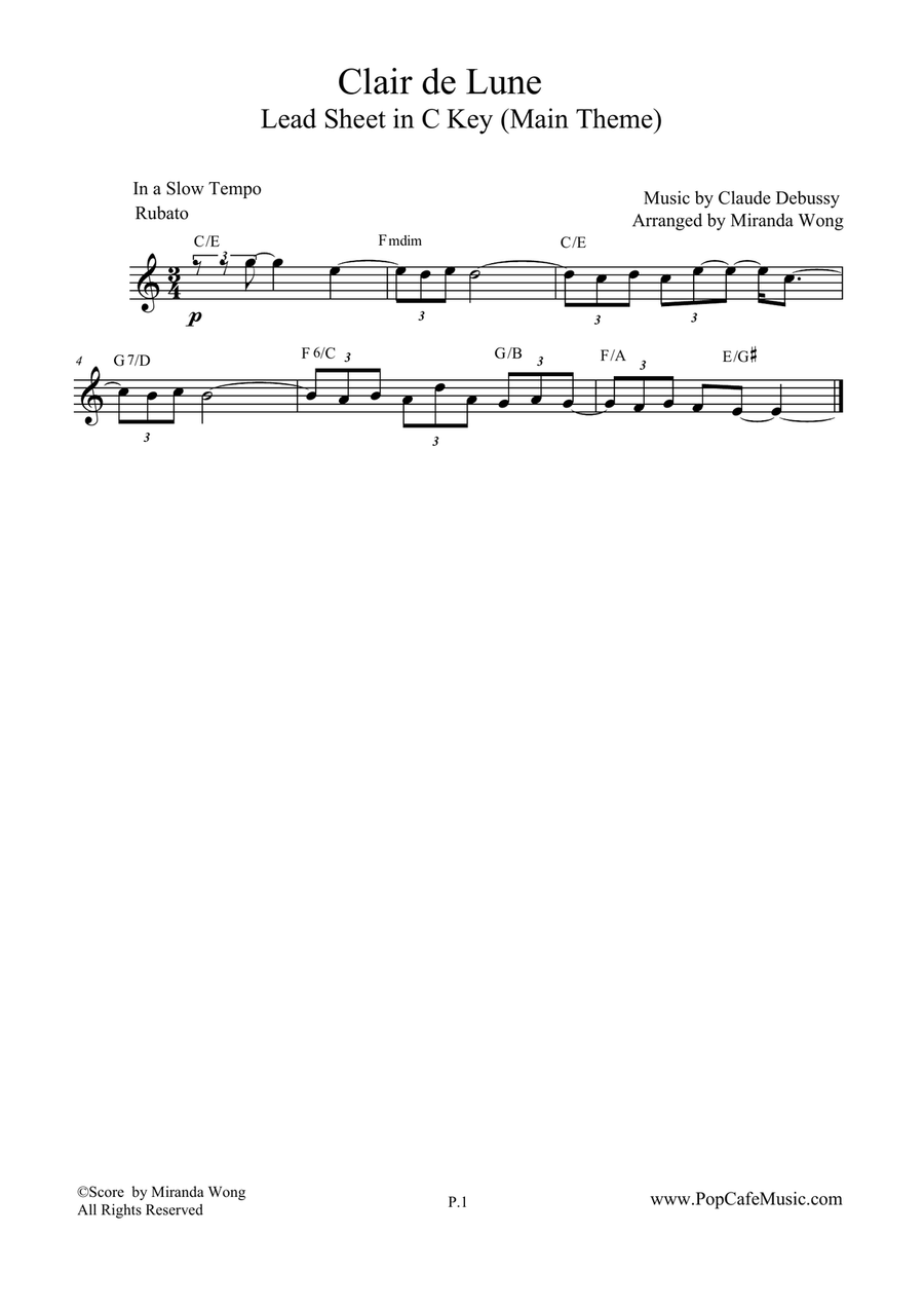 Clair de Lune - Lead Sheet in C Key String Duet scores gallery preview page 1