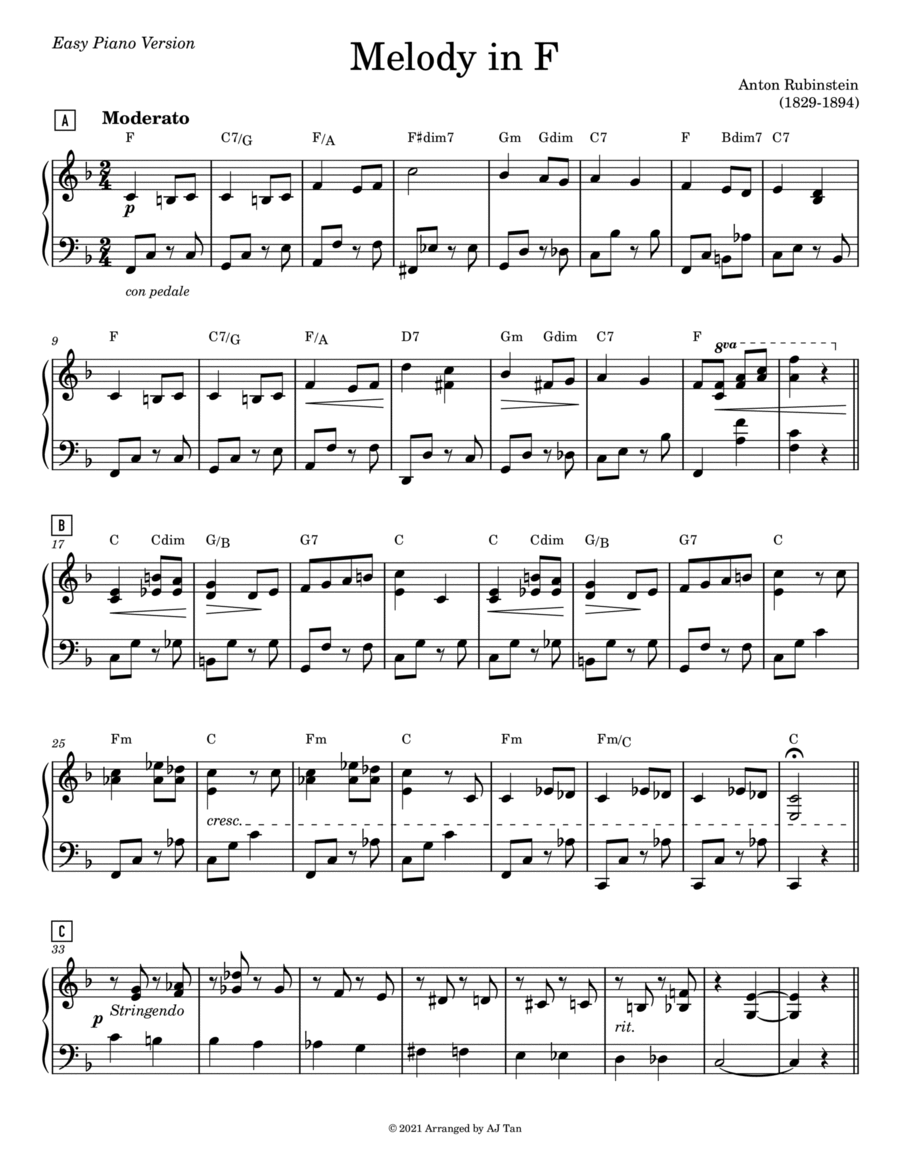Melody in F by Anton Rubinstein (Easy Piano Version) Easy Piano scores gallery preview page 1