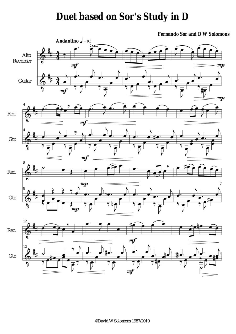 Study in D for guitar with added tune for alto recorder Alto Recorder scores gallery preview page 1
