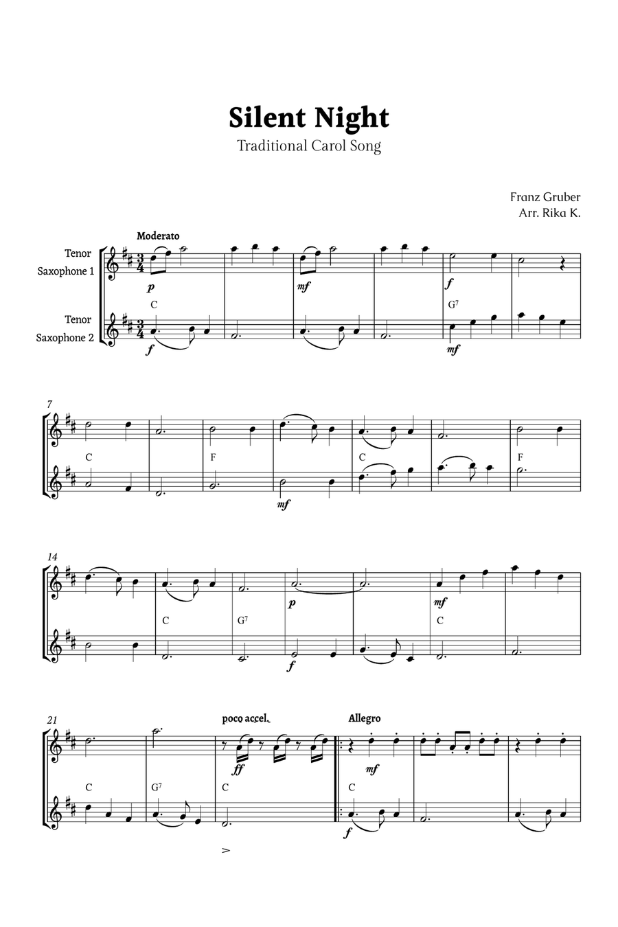 Silent Night for Tenor Sax Duet Woodwind Duet scores gallery preview page 1