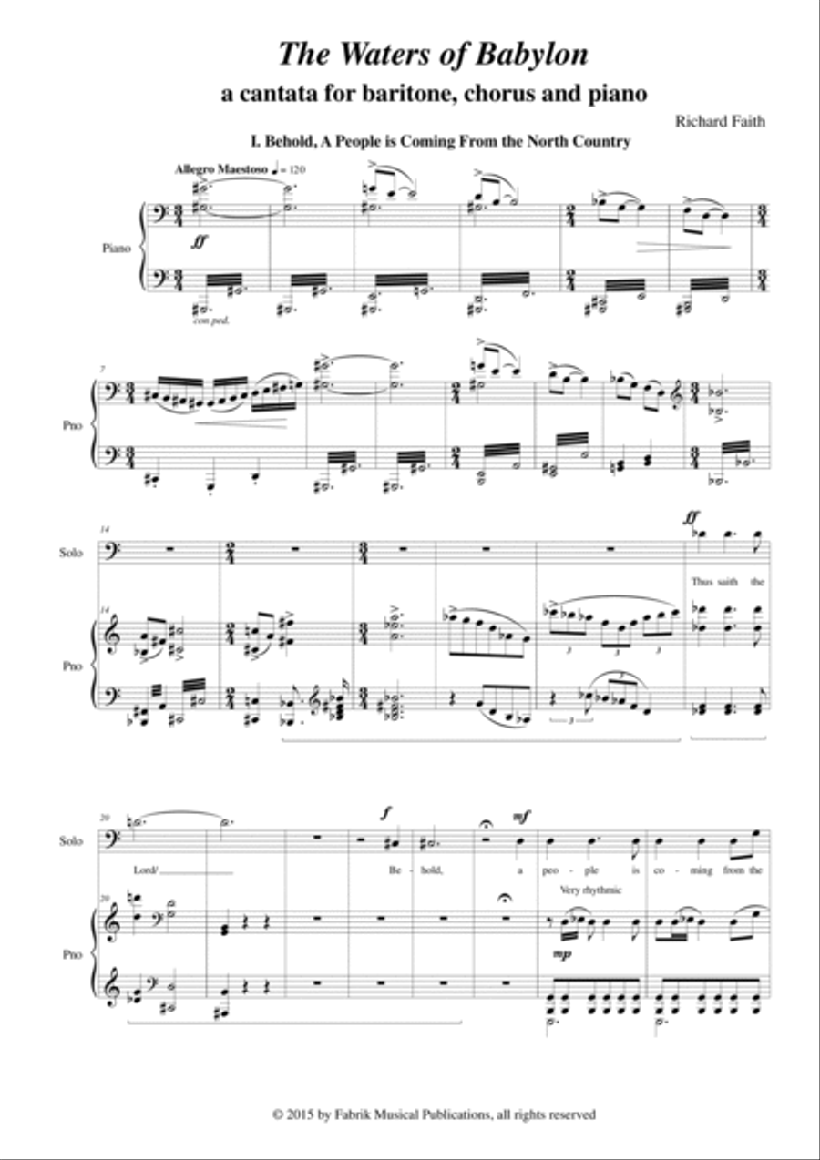 Richard Faith: The Waters of Babylon for baritone, SATB mixed chorus and piano: piano-vocal score 4-Part scores gallery preview page 2