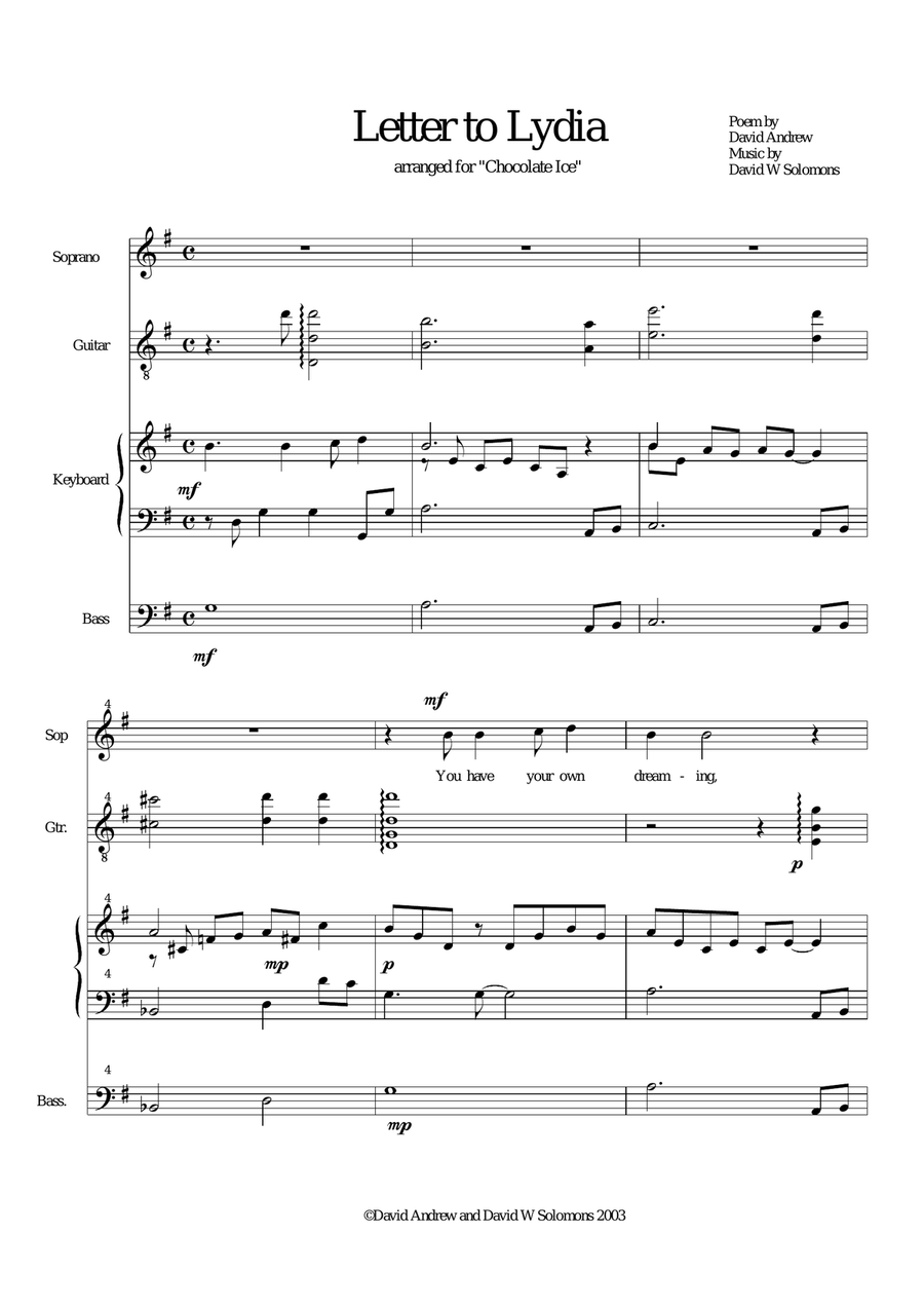 Letter to Lydia – soprano, bass, electric guitar, keyboard Small Ensemble scores gallery preview page 1